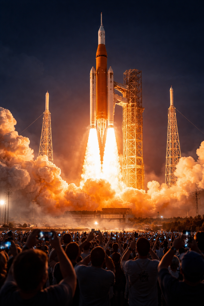 Imatge realista del llançament nocturn de la missió Artemis II des de la plataforma de la NASA, amb el coet SLS elevant-se entre flames, fum i una llum intensa que il·lumina tota l’escena. En primer terme, una multitud observa l’espectacle i grava amb el mòbil un moment històric: el retorn de vols tripulats nord-americans cap a l’entorn lunar.