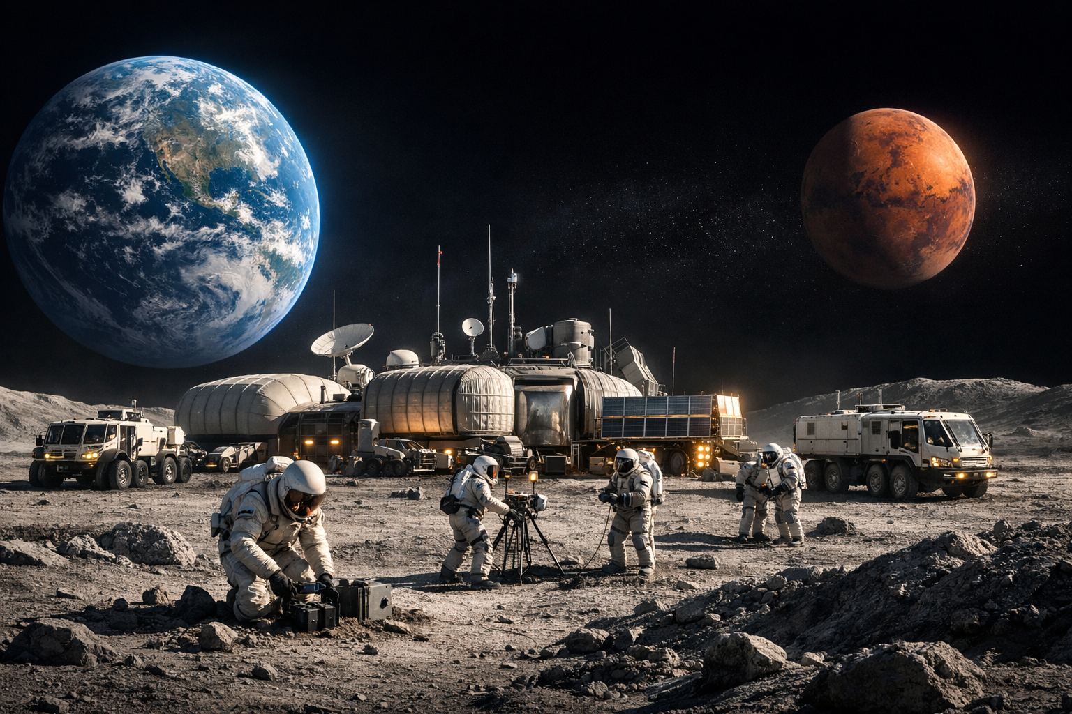 Base lunar amb la Terra i Mart